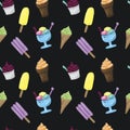 Colorful ice-cream seamless pattern. Black background. Summer food illustration. Sweet Frozen Desserts. Design for wrapping paper